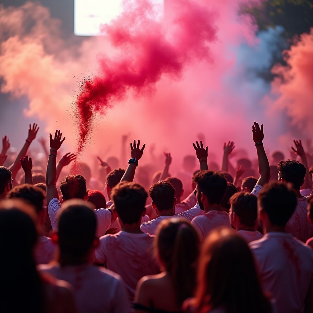 A crowd throwing coloured powder into the air at a festival, bold saturated colour, studio lighting, high detail