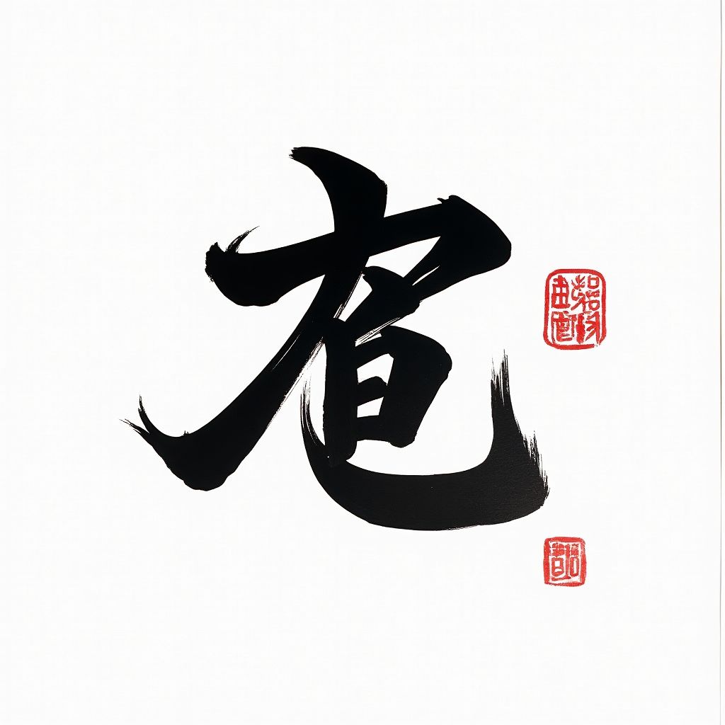 Black ink calligraphy brush stroke on white paper, one vermilion seal stamp