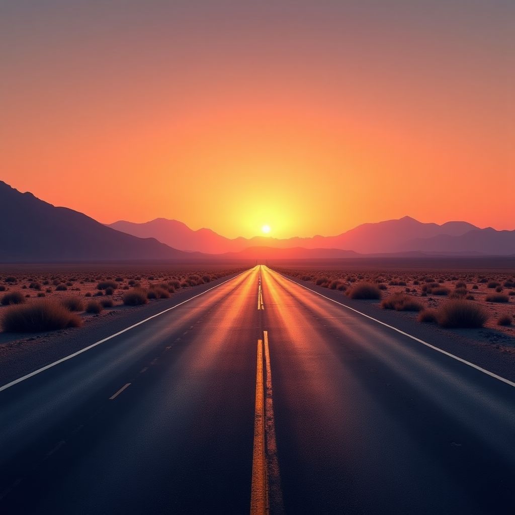 An empty desert highway at dawn, mountains on the horizon, bold saturated colour, studio lighting, high detail