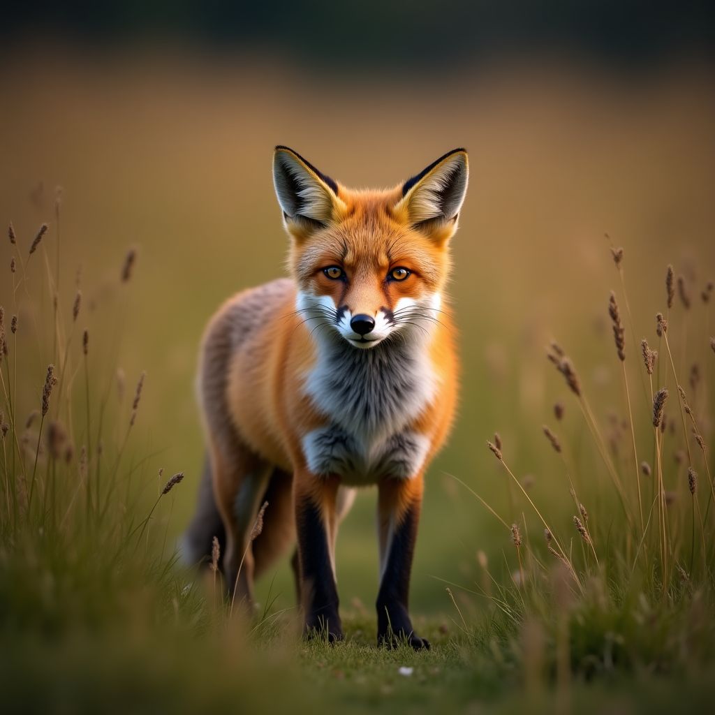 A red fox standing in tall grass, looking at the camera, bold saturated colour, studio lighting, high detail
