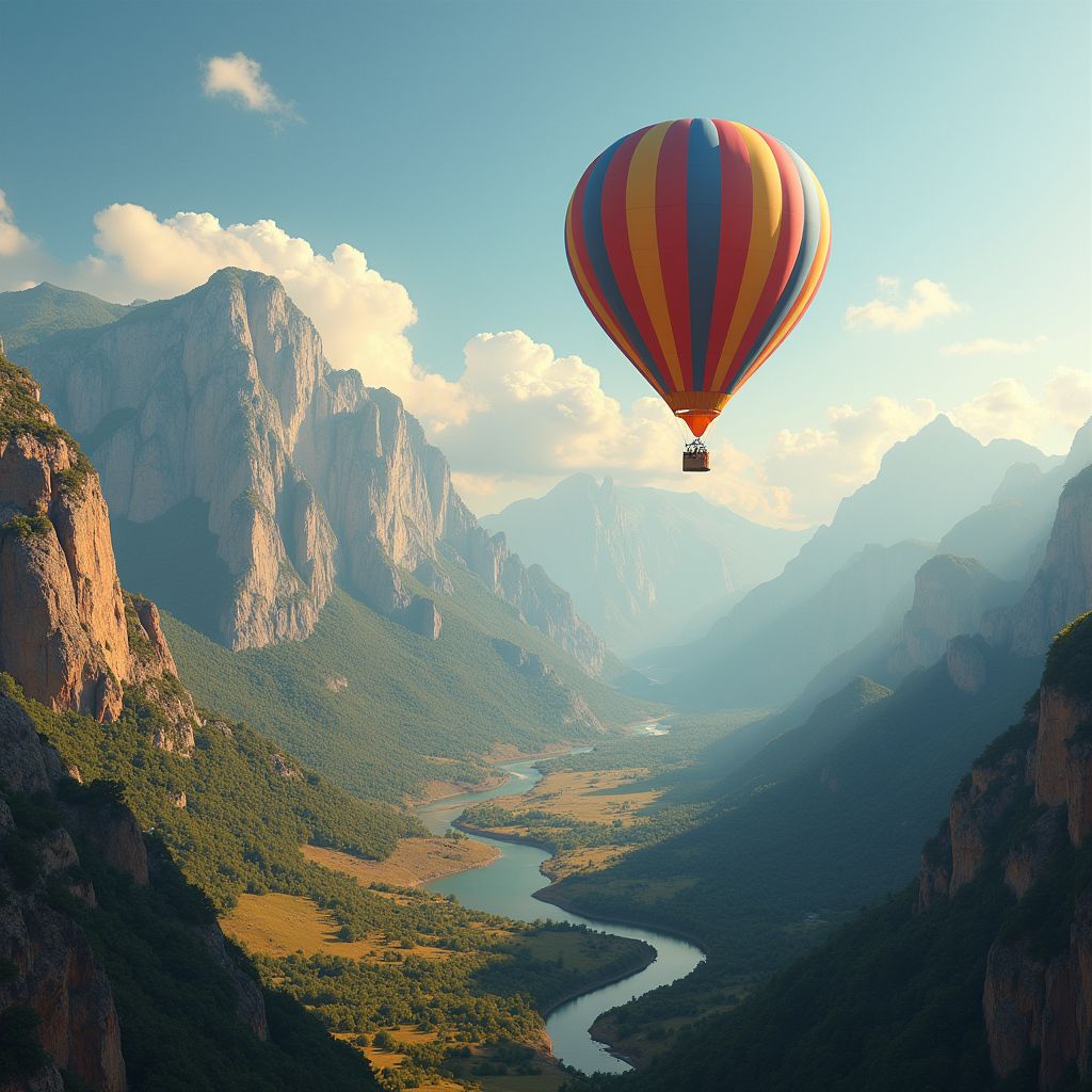 A hot-air balloon drifting over a mountain valley, bold saturated colour, studio lighting, high detail