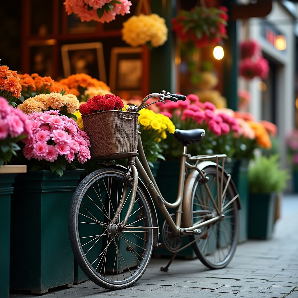 A vintage bicycle leaning on a stall at a flower market, bold saturated colour, studio lighting, high detail