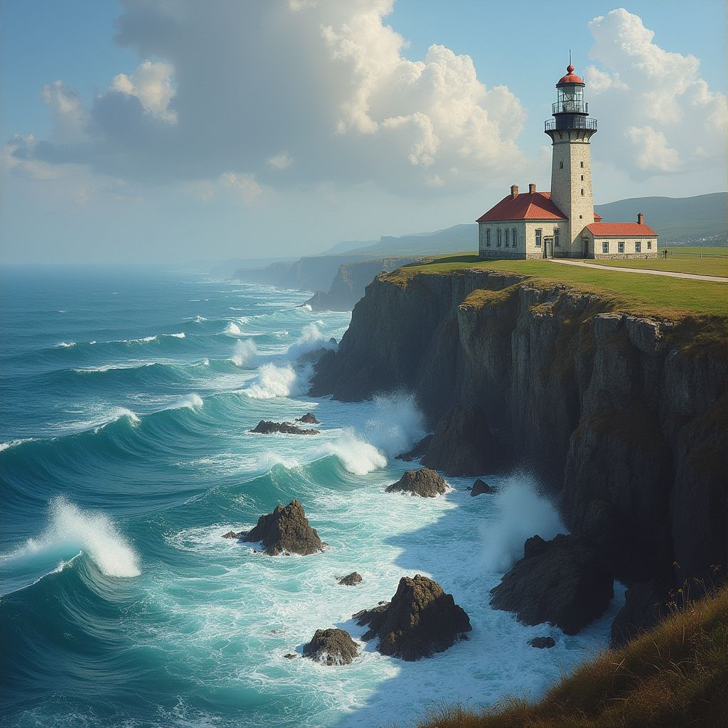 An old lighthouse on a cliff edge, waves breaking below, bold saturated colour, studio lighting, high detail