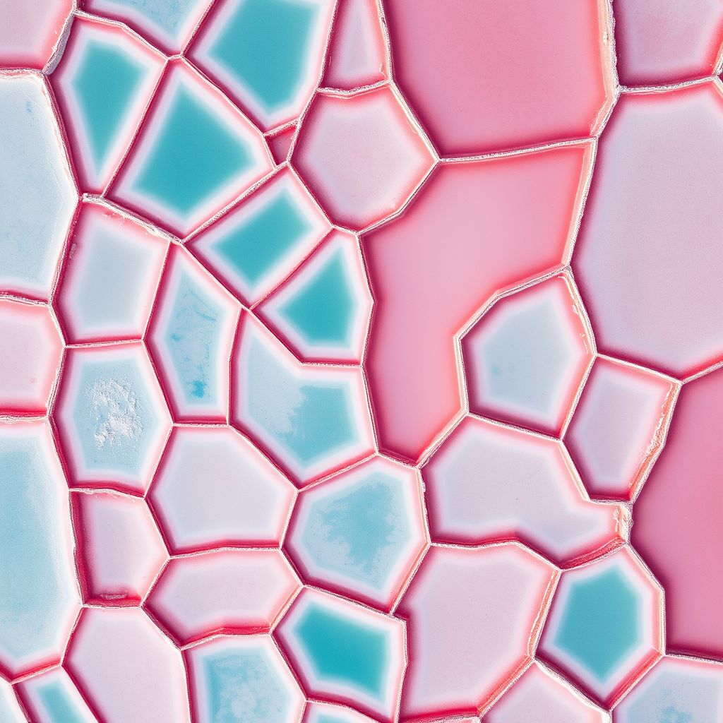 Aerial view of salt pans in pink and turquoise, abstract geometry