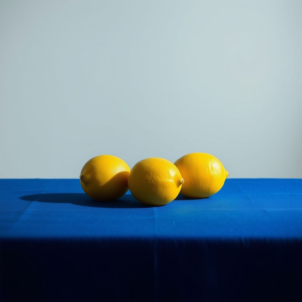Minimal still life of three lemons on a cobalt tablecloth, studio light