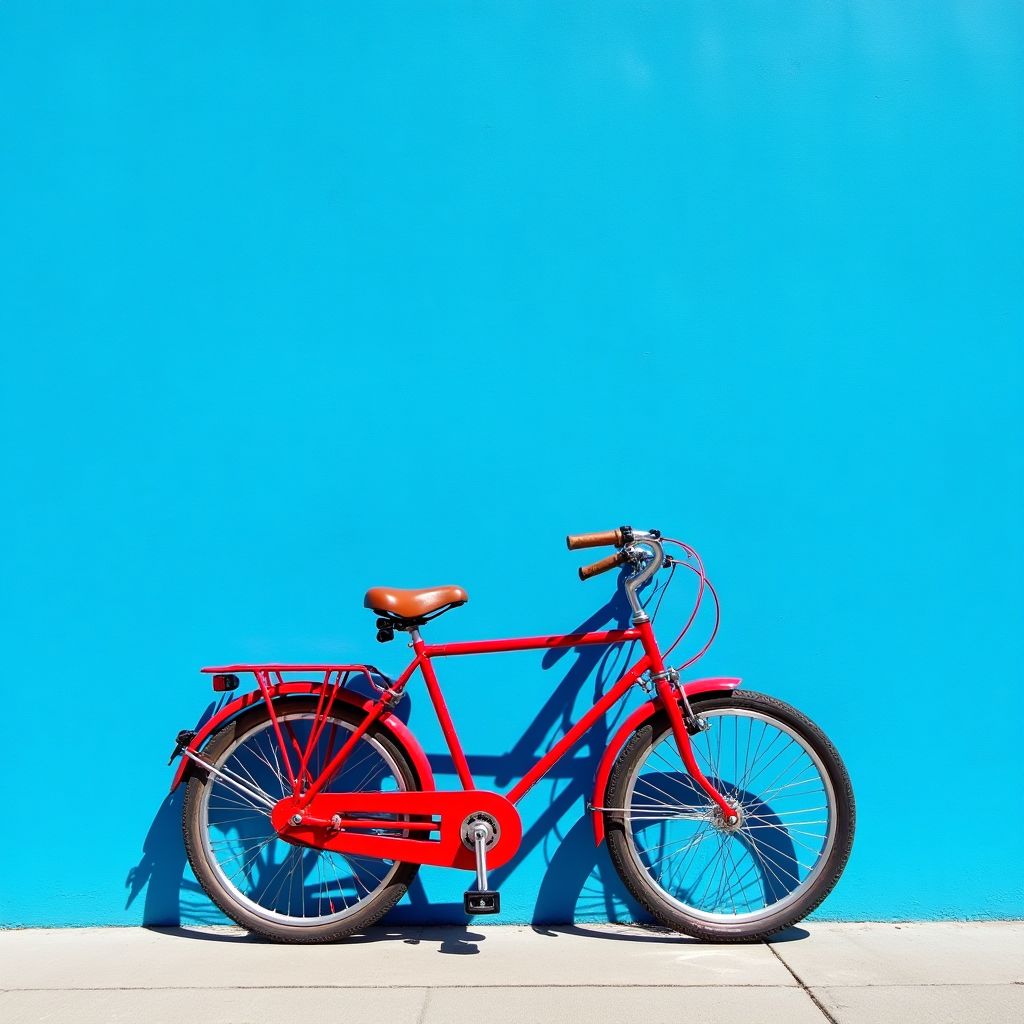 A red bicycle leaning on a cobalt blue wall, hard midday sun, saturated colour photograph