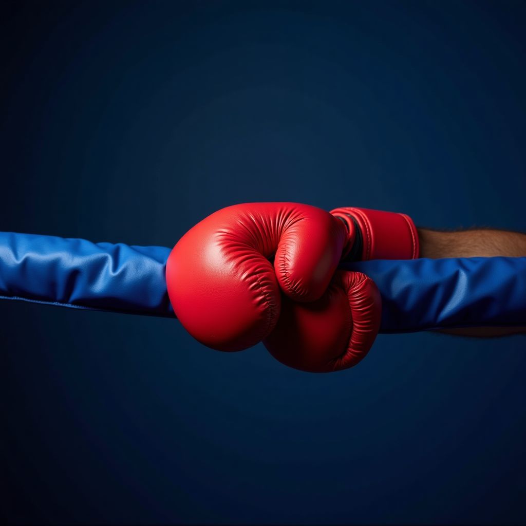 A boxer in red gloves against a cobalt blue ring rope, bold saturated colour, studio lighting, high detail