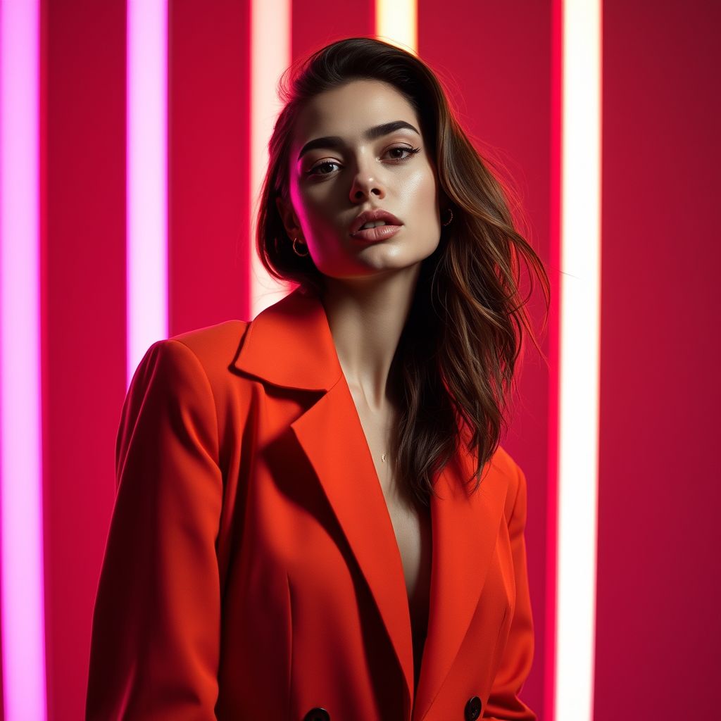 Studio portrait with split pink and orange lighting, bold colour, fashion editorial