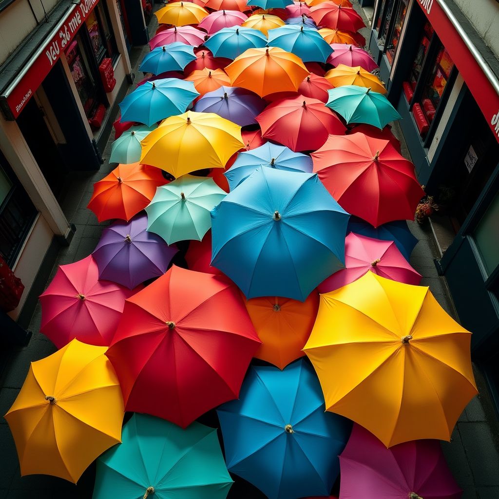 A sea of coloured umbrellas on a city street seen from above, bold saturated colour, studio lighting, high detail