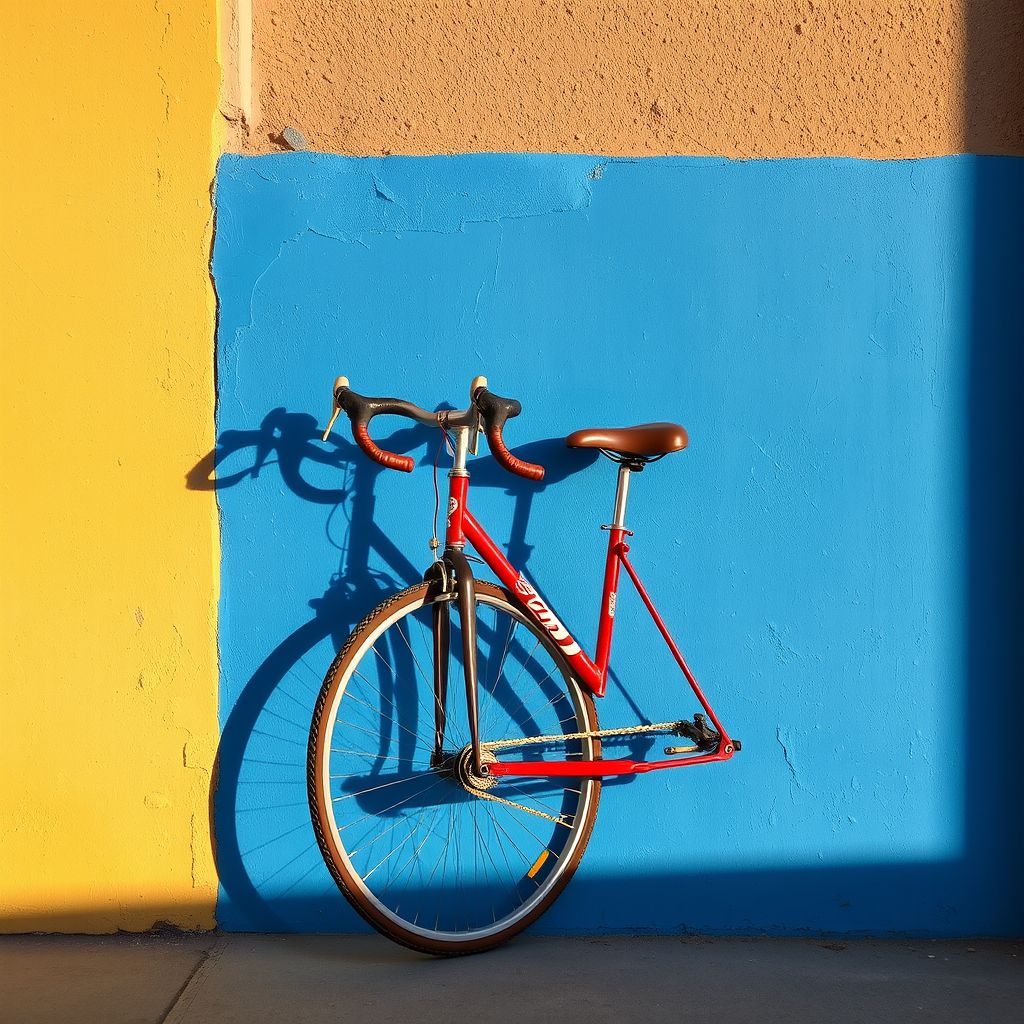 A red bicycle leaning on a cobalt blue wall, hard midday sun, saturated colour photograph