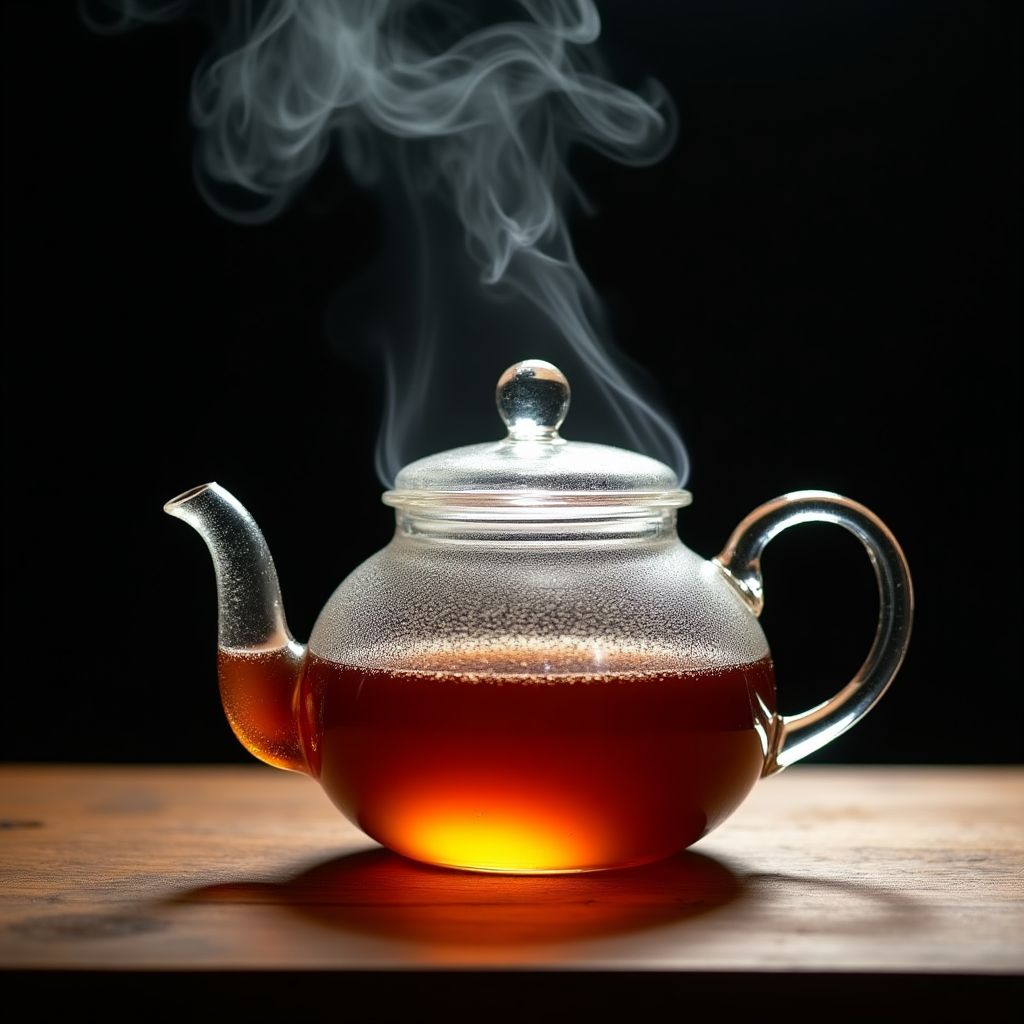 A glass teapot with steam rising, on a wooden table, bold saturated colour, studio lighting, high detail