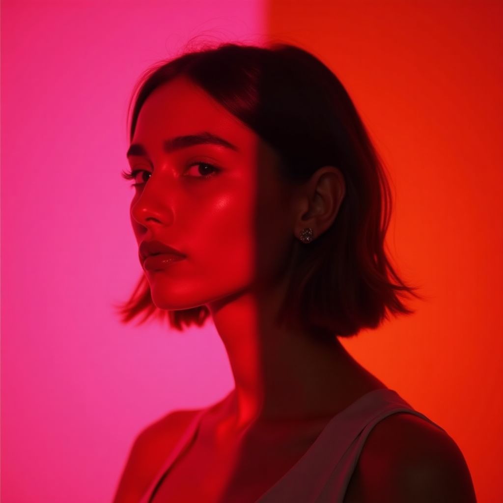 Studio portrait with split pink and orange lighting, bold colour, fashion editorial
