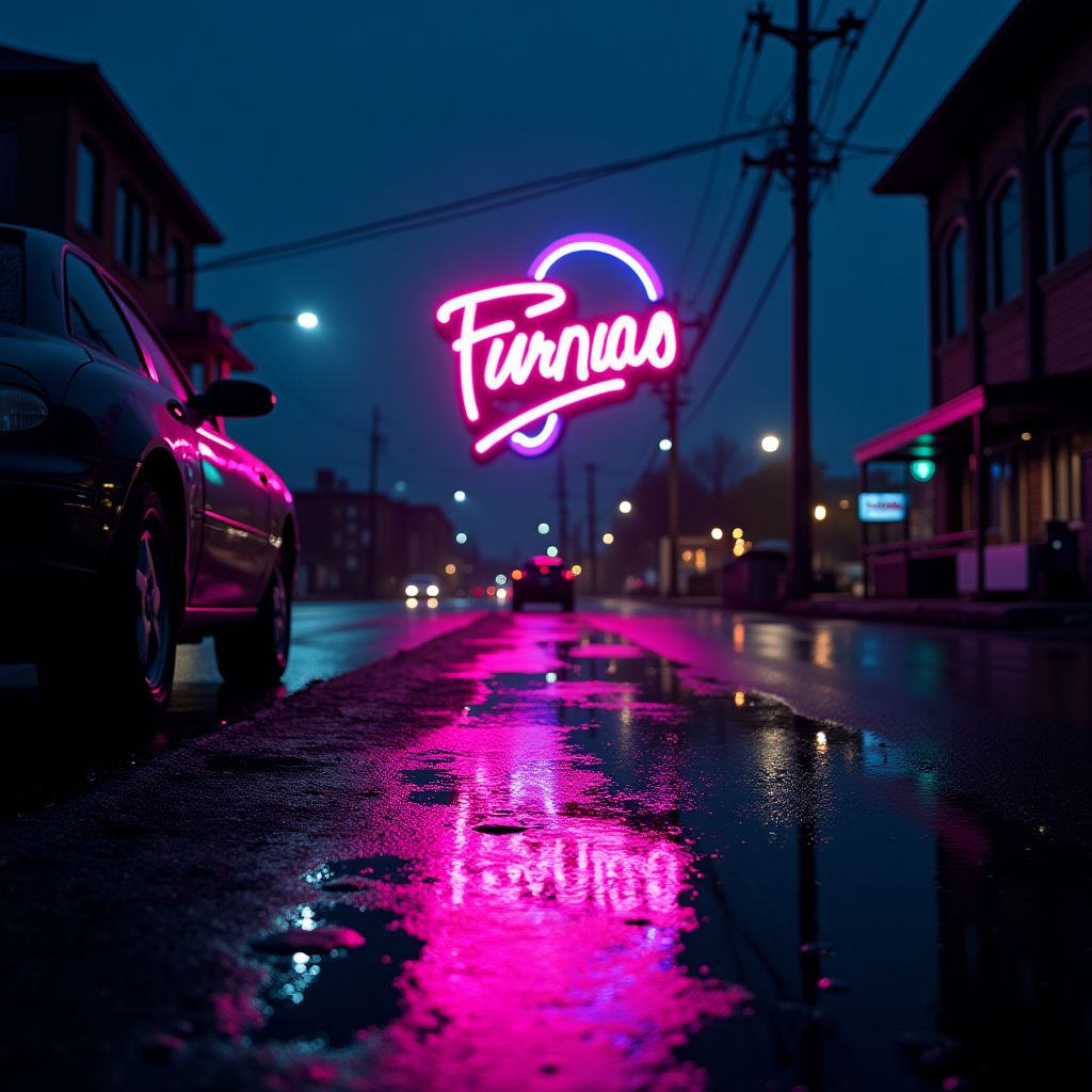 Neon sign reflected in a rain puddle at night, violet and teal