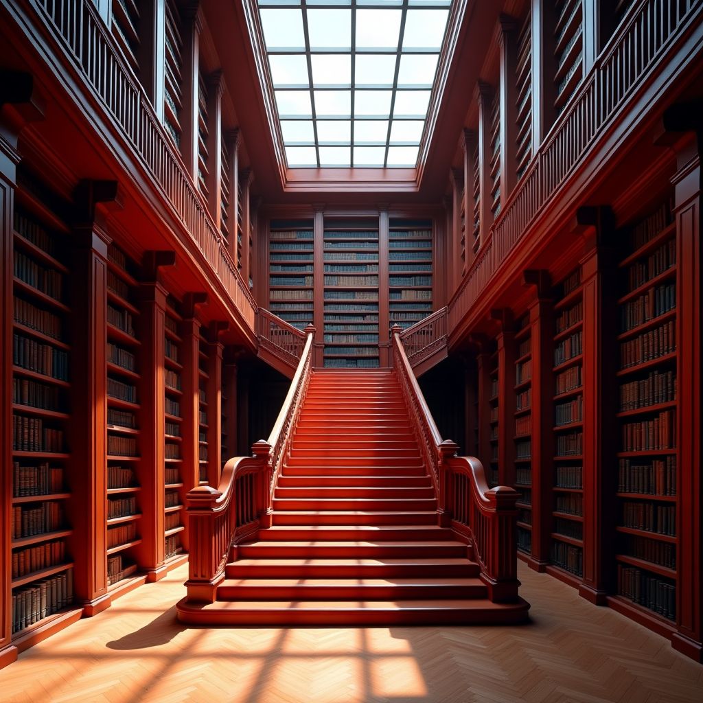 A grand library staircase with tall shelves and a skylight, bold saturated colour, studio lighting, high detail