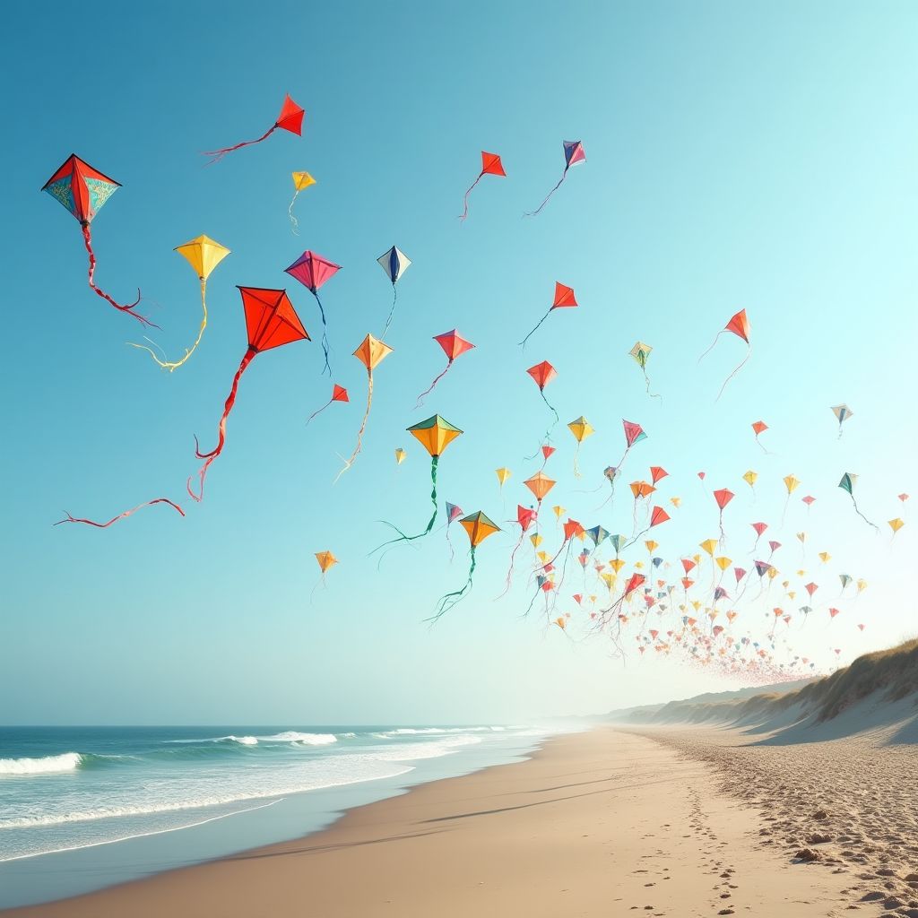Dozens of coloured kites over a windy beach, bold saturated colour, studio lighting, high detail