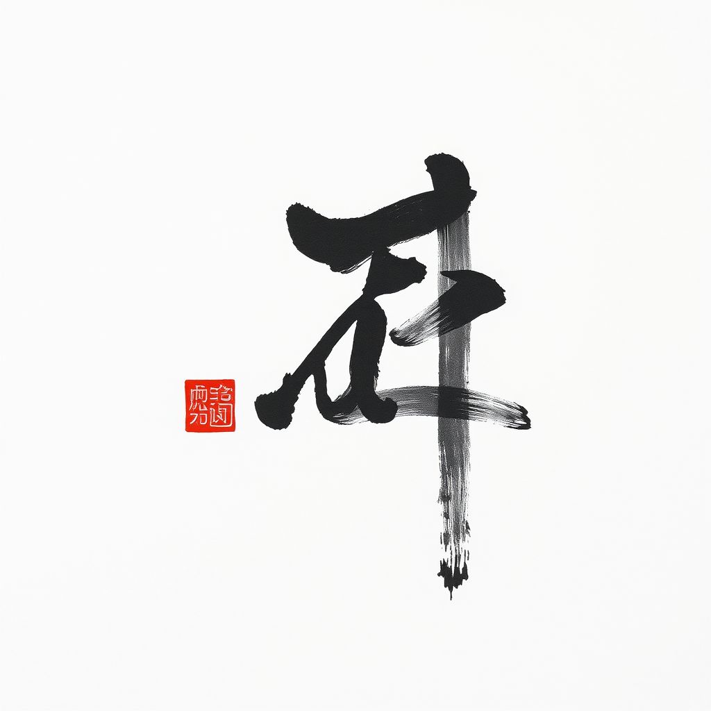 Black ink calligraphy brush stroke on white paper, one vermilion seal stamp