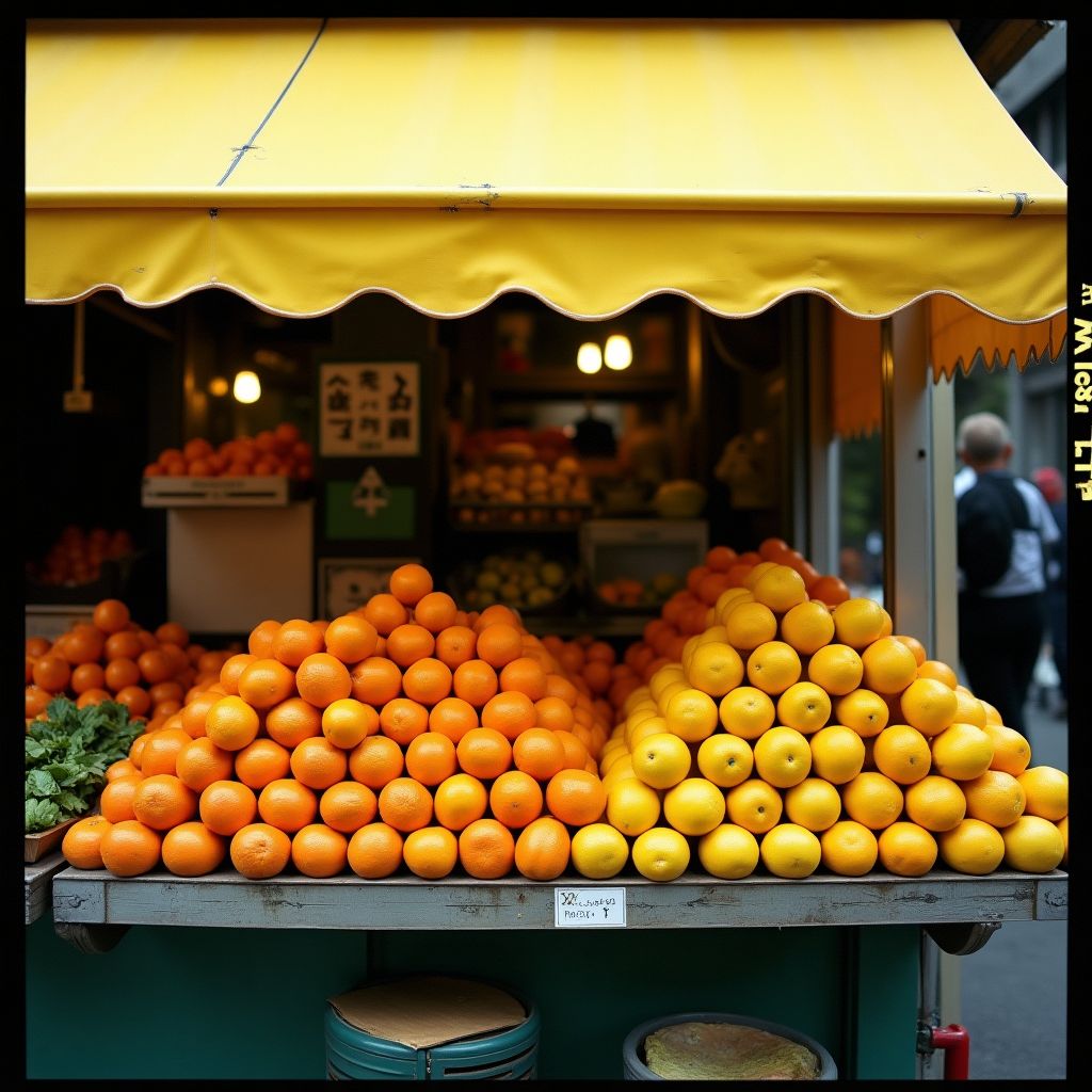 Fruit market stall piled with oranges and lemons, bright yellow awning, wide angle, film grain
