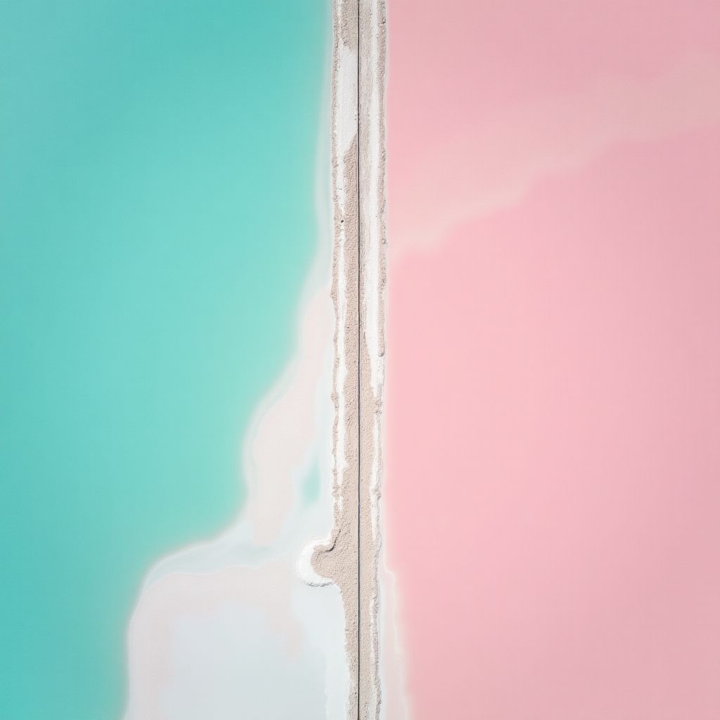 Aerial view of salt pans in pink and turquoise, abstract geometry