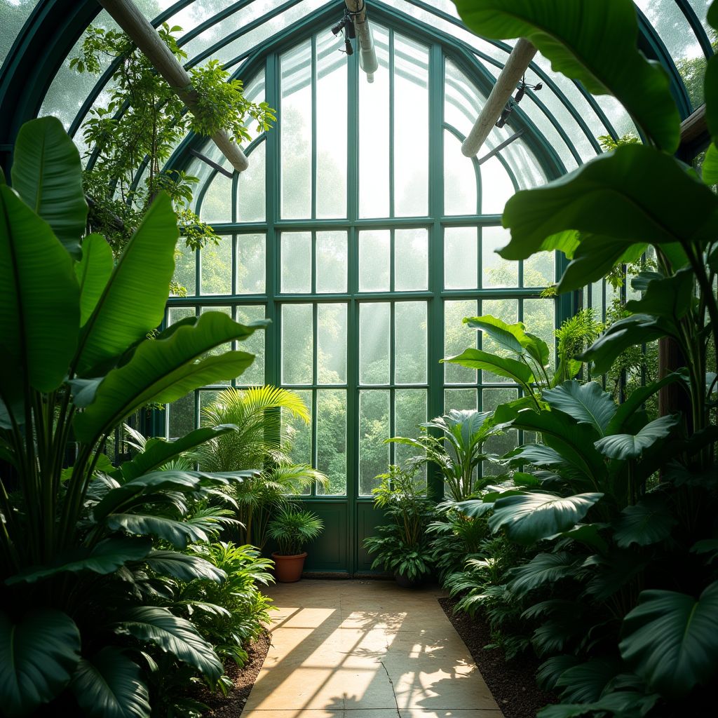 Tropical greenhouse interior, emerald leaves and glass, soft diffused light