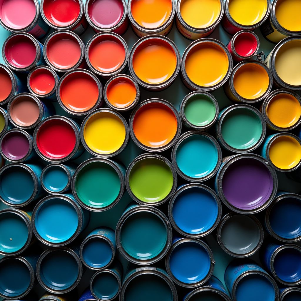A wall of open paint tins sorted by colour, top-down, bold saturated colour, studio lighting, high detail