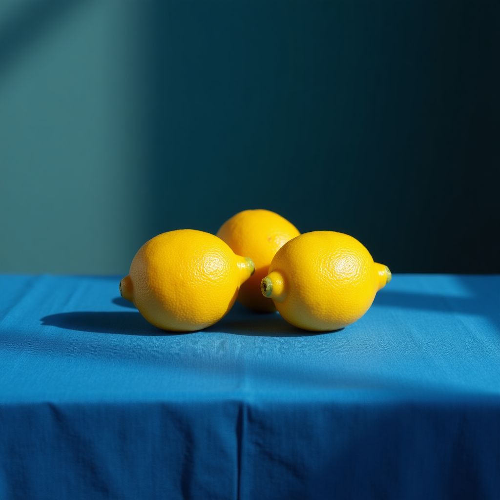 Minimal still life of three lemons on a cobalt tablecloth, studio light