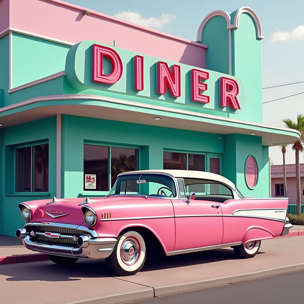 A pink vintage car parked outside a turquoise diner, bold saturated colour, studio lighting, high detail