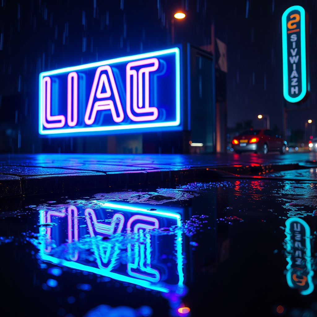 Neon sign reflected in a rain puddle at night, violet and teal
