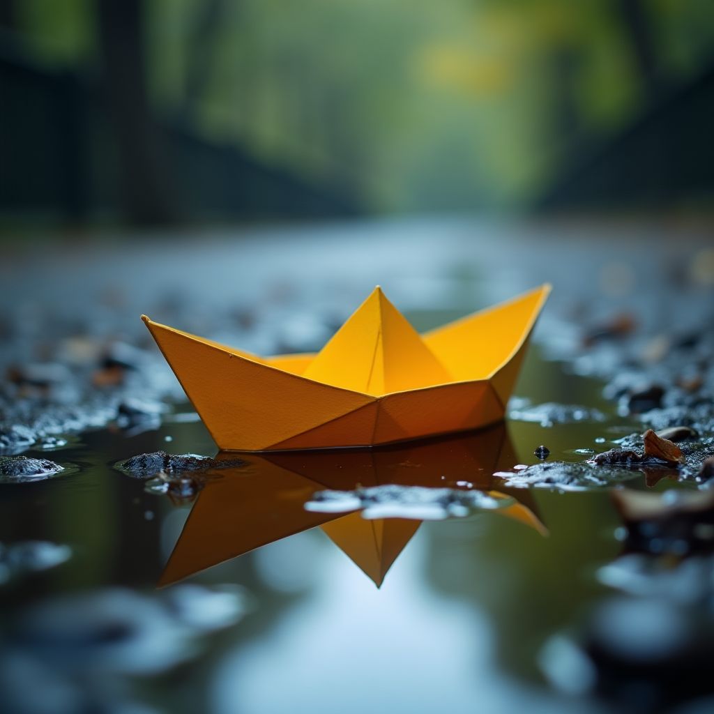 A paper boat floating in a rain puddle, close up, bold saturated colour, studio lighting, high detail