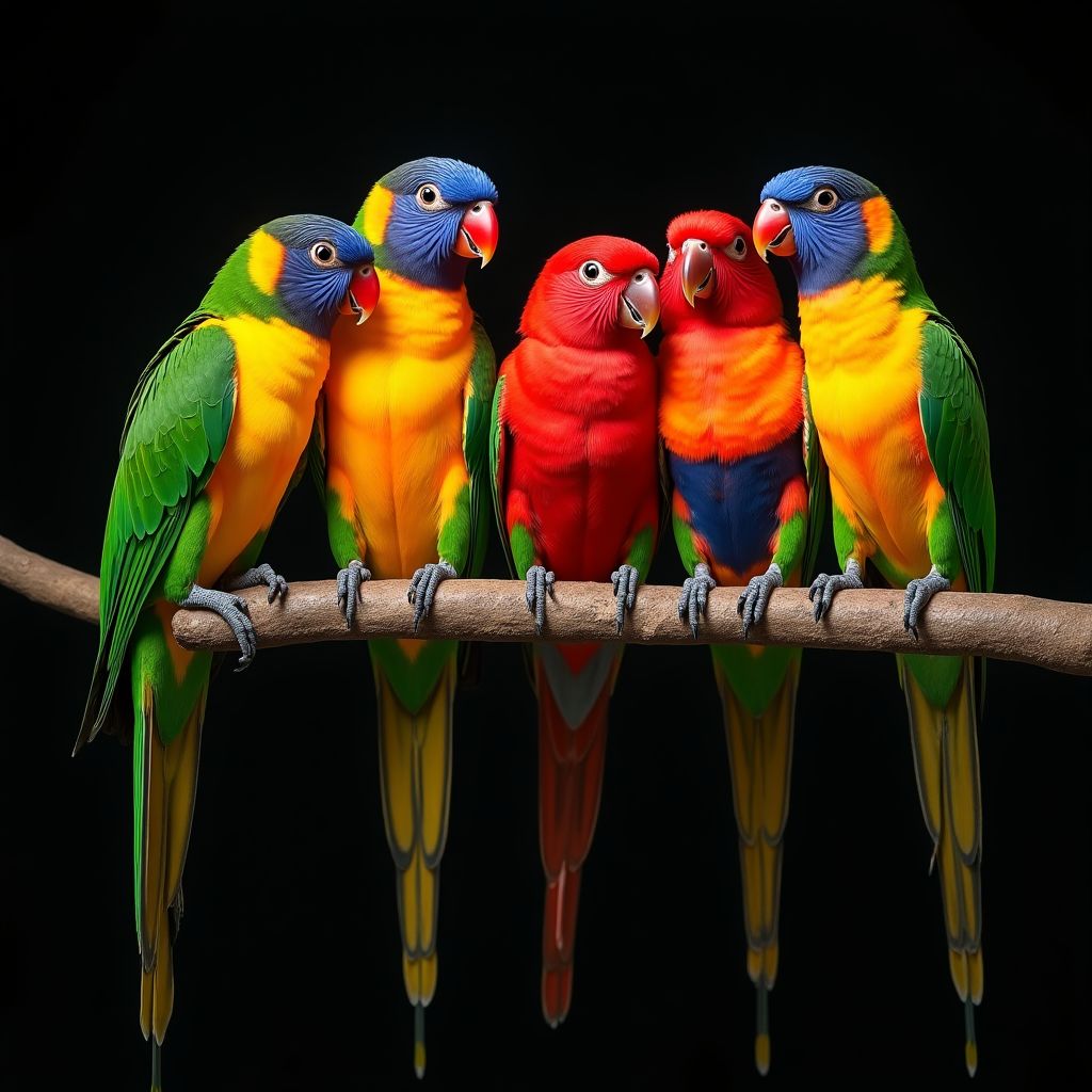 Five parrots in different colours sitting on one branch, bold saturated colour, studio lighting, high detail