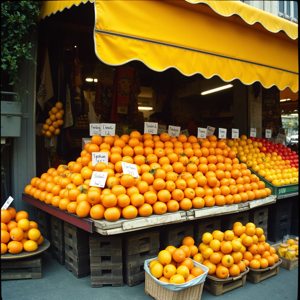Fruit market stall piled with oranges and lemons, bright yellow awning, wide angle, film grain
