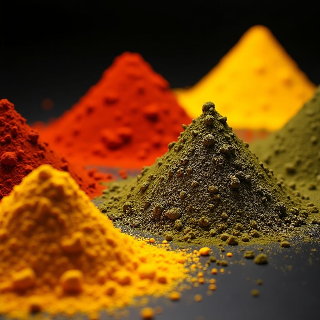 Pyramids of ground spices in red, yellow and green on a market table, bold saturated colour, studio lighting, high detail