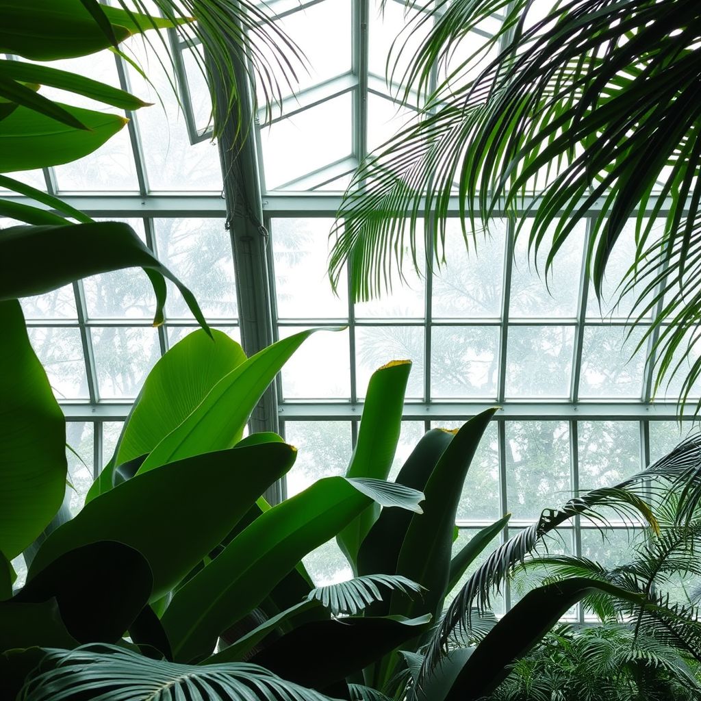 Tropical greenhouse interior, emerald leaves and glass, soft diffused light
